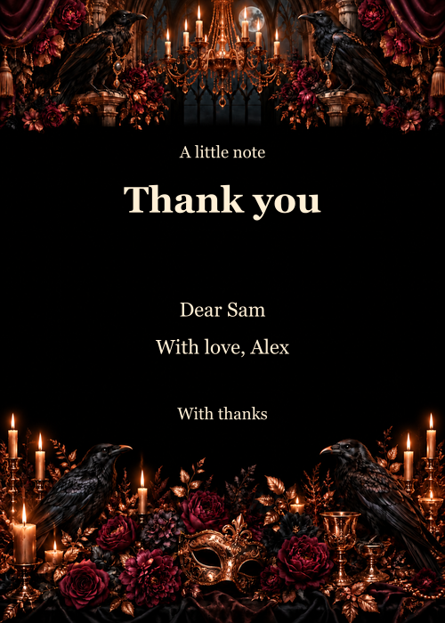 Midnight Masquerade · Thank-you card editable design preview