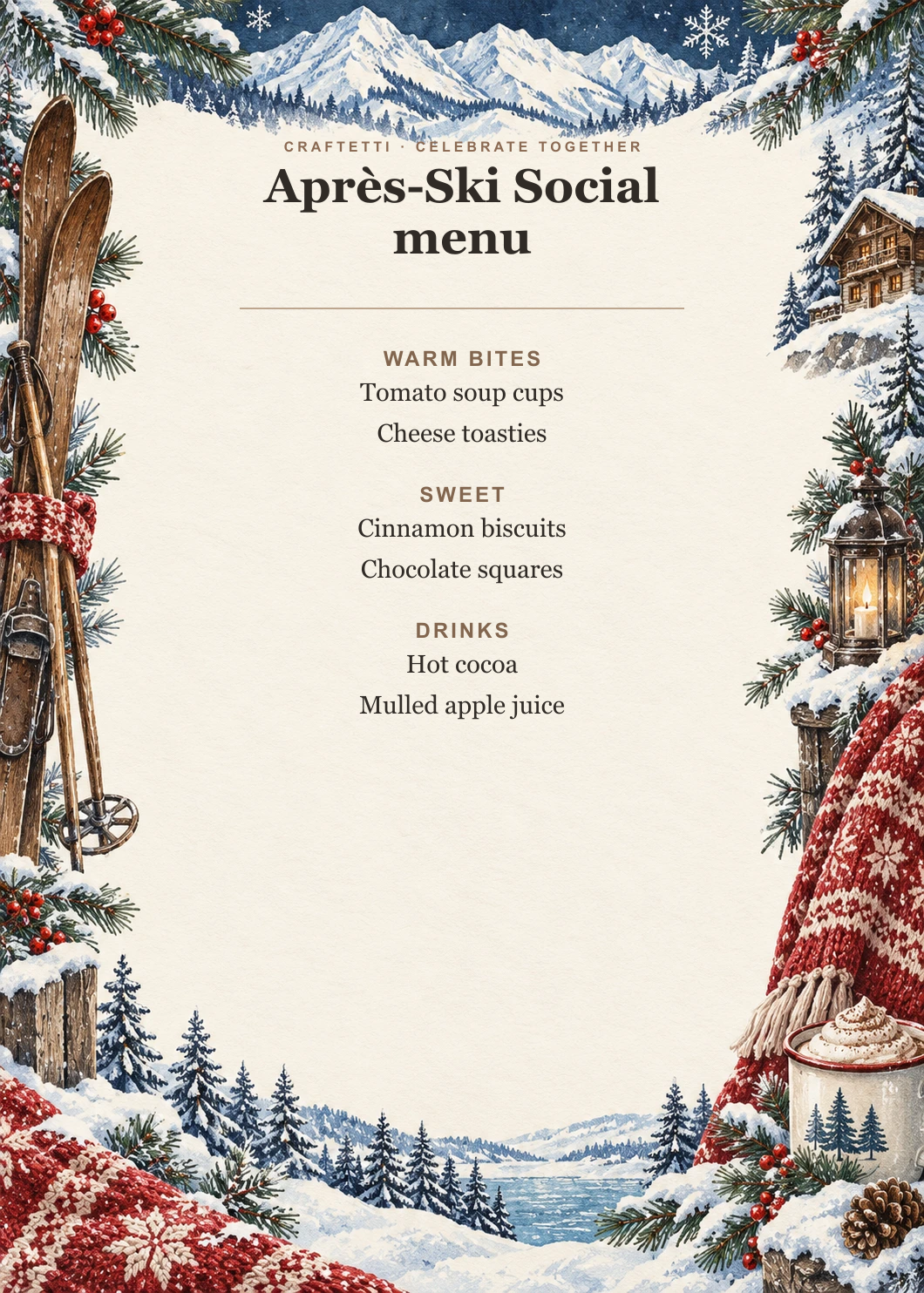 Après-Ski Social Menu editable design preview