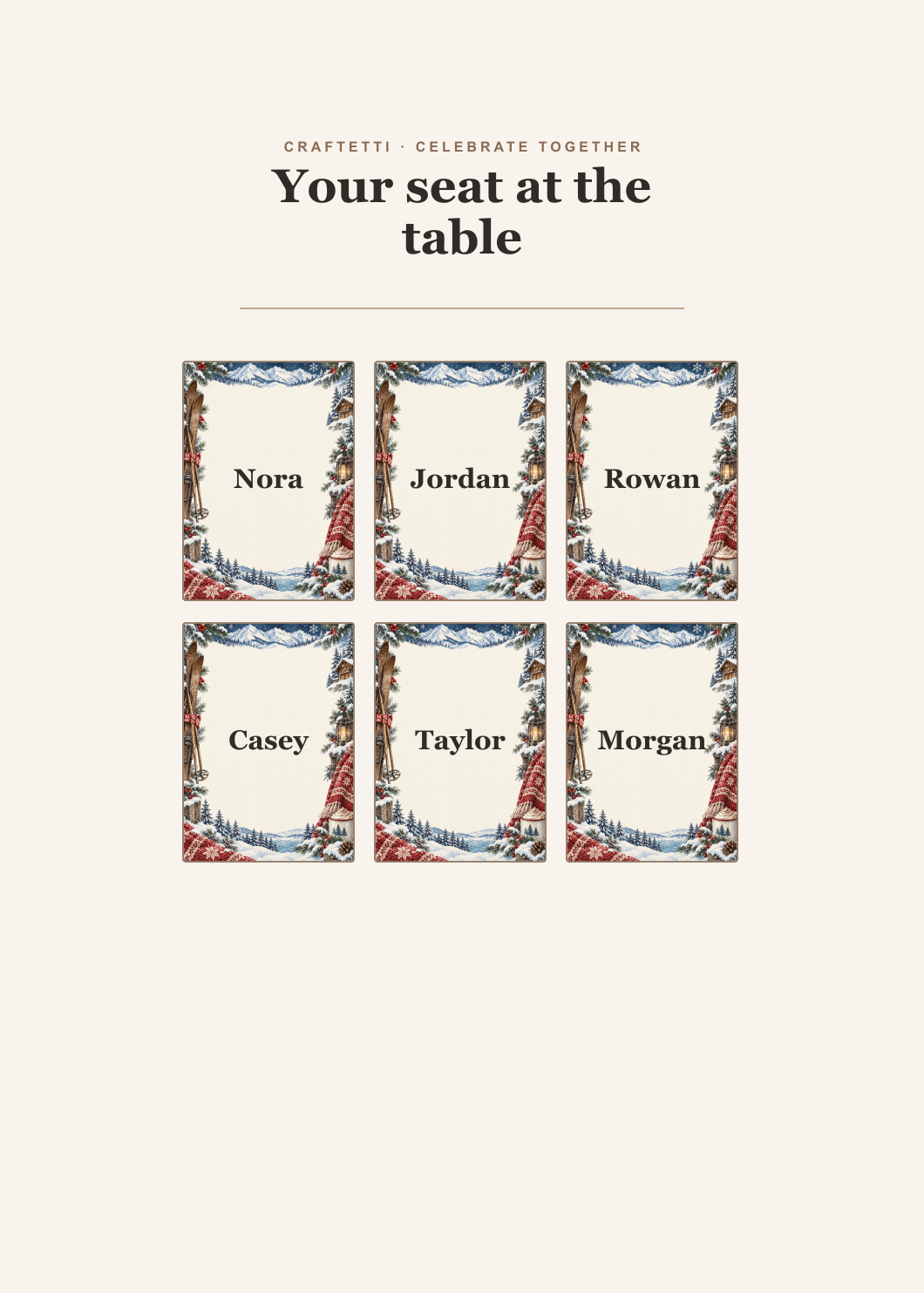 Après-Ski Social Place Cards editable design preview
