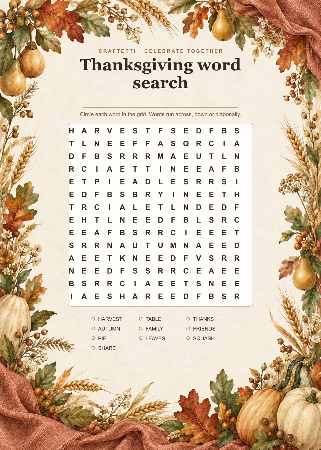 Thanksgiving Word Search editable design preview