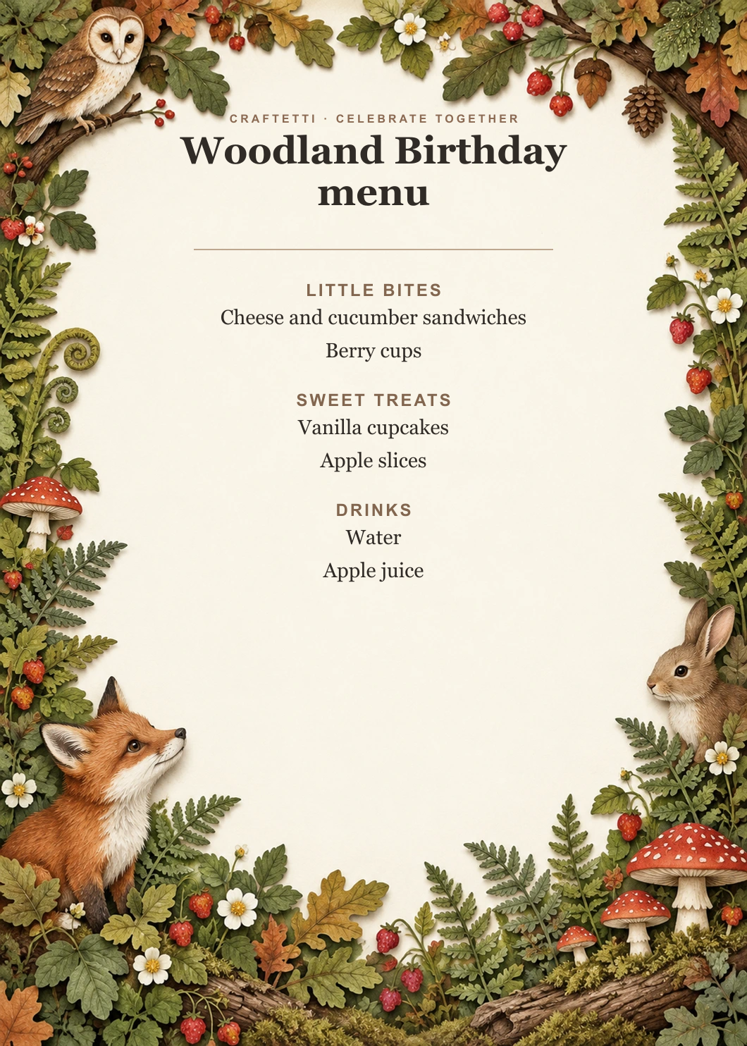 Woodland Birthday Menu editable design preview