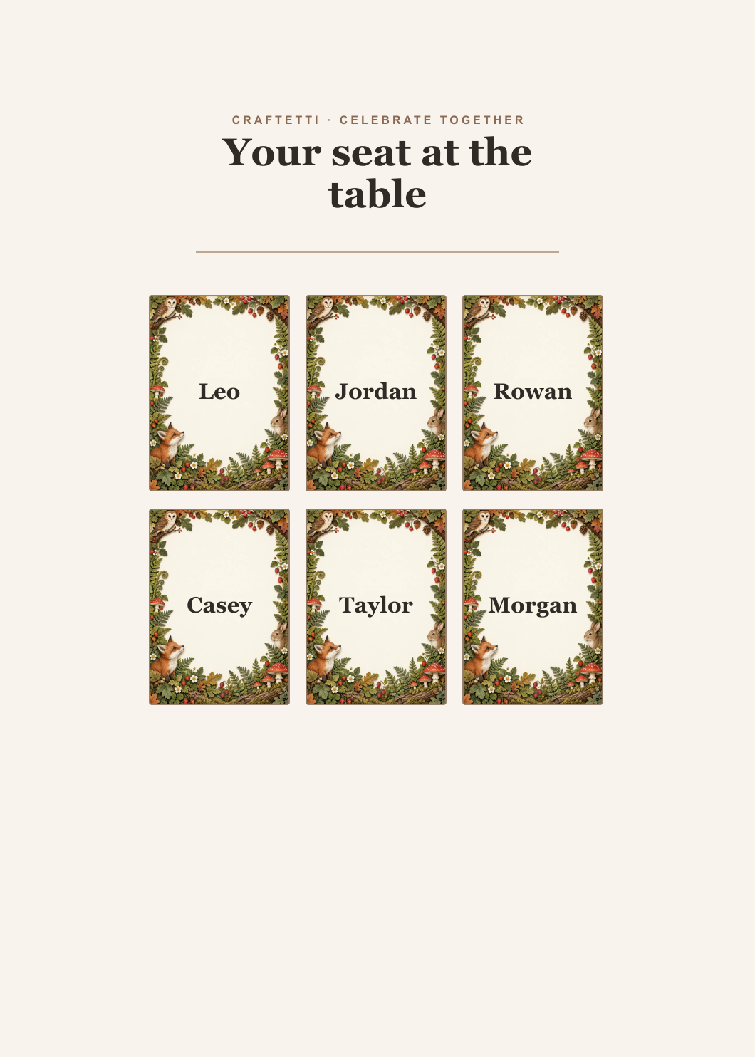 Woodland Birthday Place Cards editable design preview