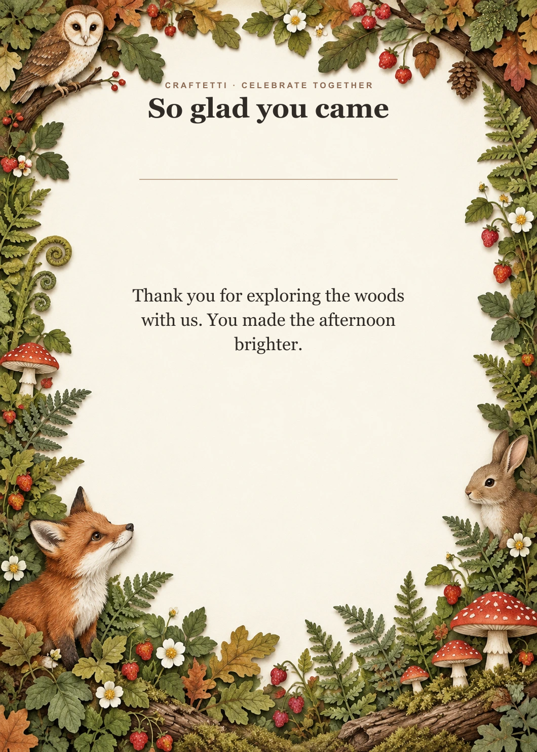 Woodland Birthday Thank You editable design preview